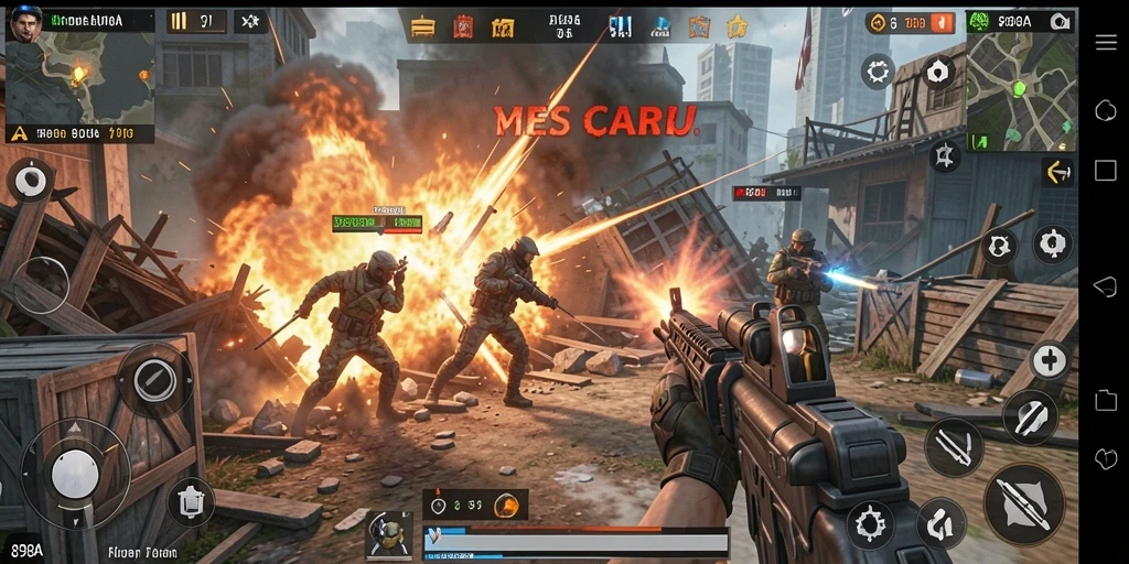 Tangkapan layar 898A menunjukkan aksi pertempuran intens dalam game TPS.