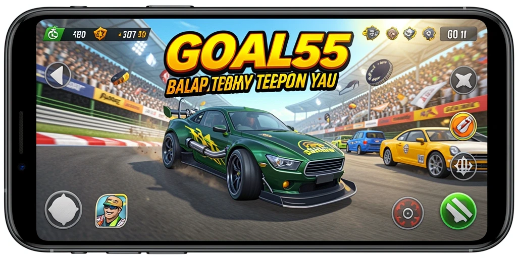 Screenshot utama GOAL55 menunjukkan aksi balapan yang mendebarkan.