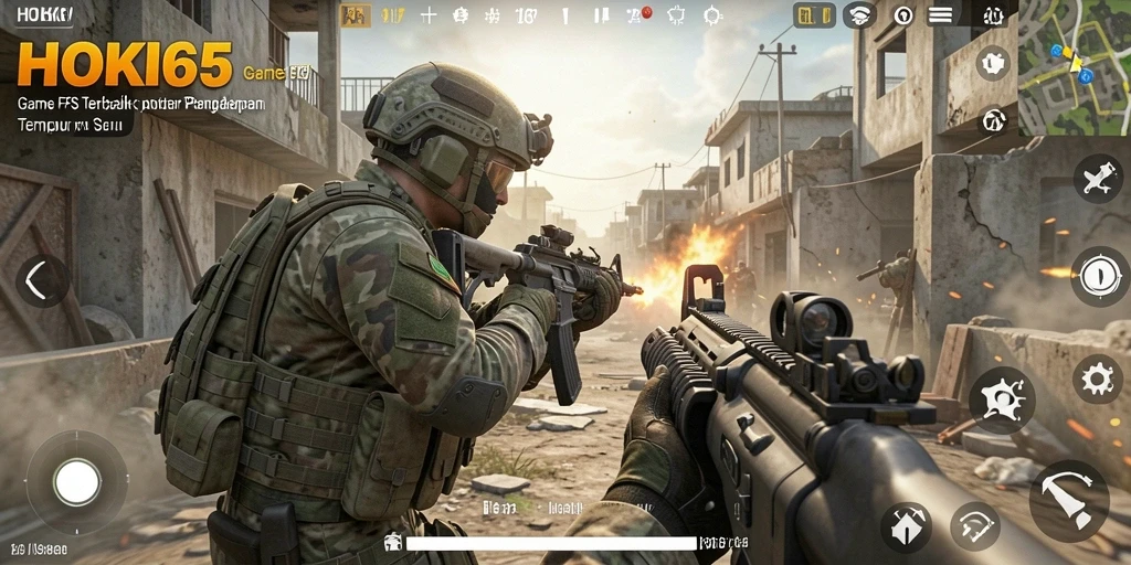 Tampilan gameplay HOKI65 dengan pertempuran seru di medan perang.